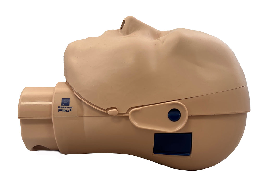 The CPR training manikin head, featured in a beige color with a blue valve attachment that showcases the face and side profile, is complemented by the PRESTAN PRO+ Adult Lung-Bags, available in a 50-pack from AED4Life for comprehensive training.