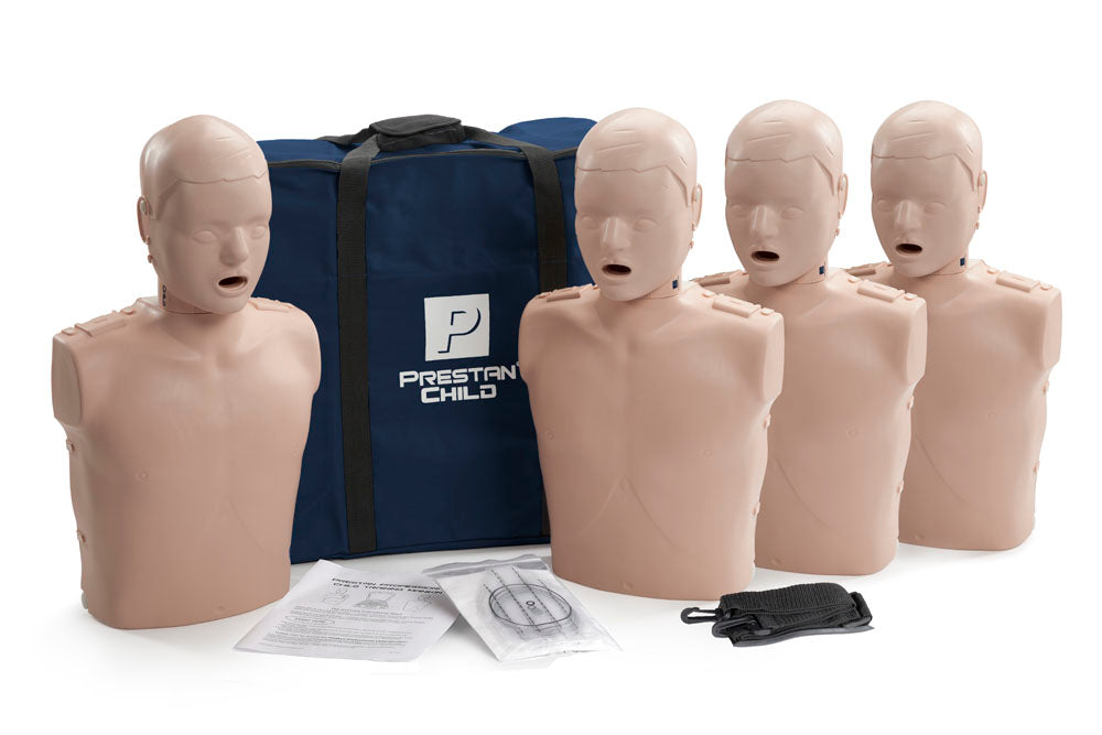 Four Prestan Professional Series ADULT Training Manikins by Prestan, complete with a blue carrying bag, instruction manual, and chest compression feedback accessories on a white background.