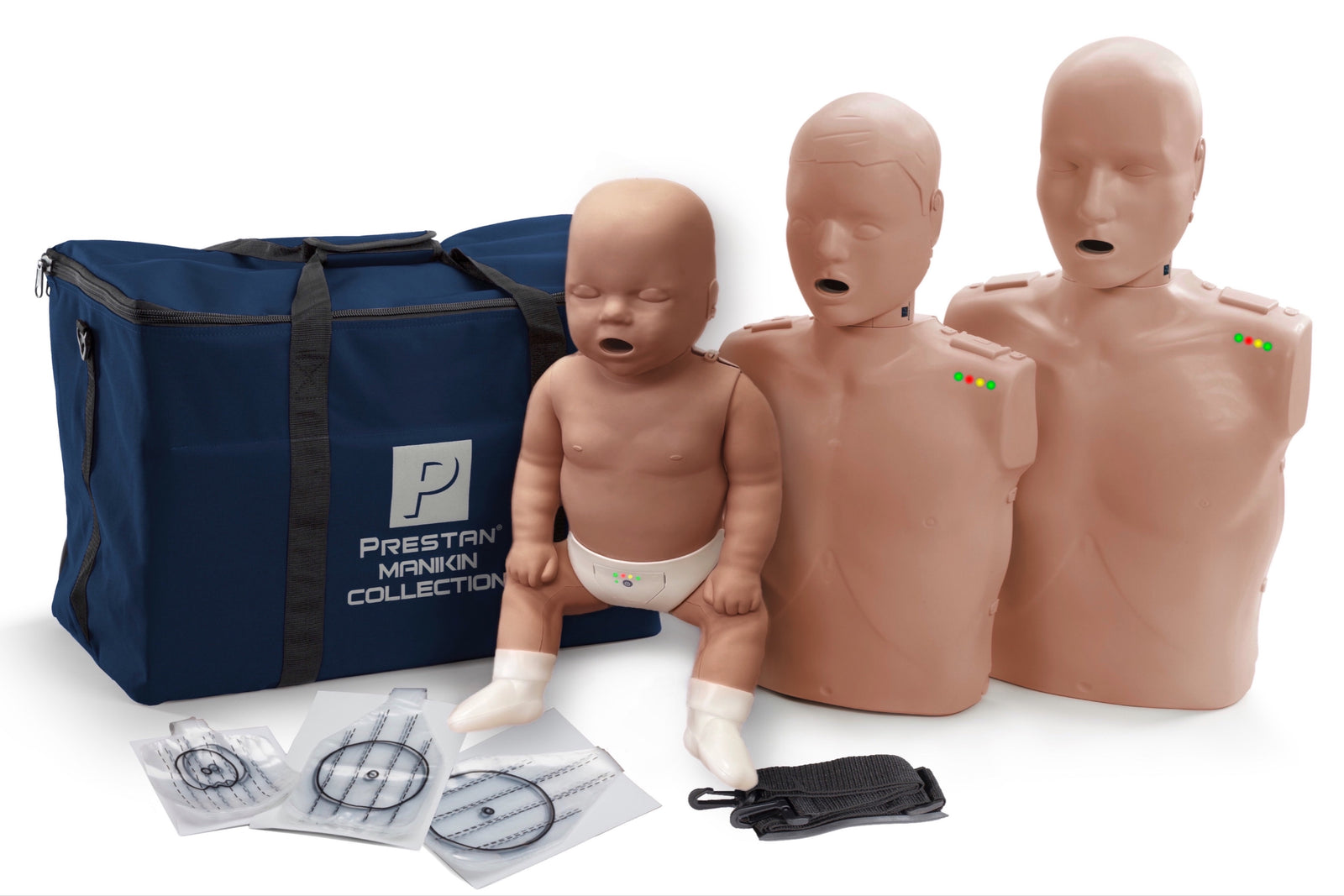 CPR training mannequins and bag with Prestan logo on a white background