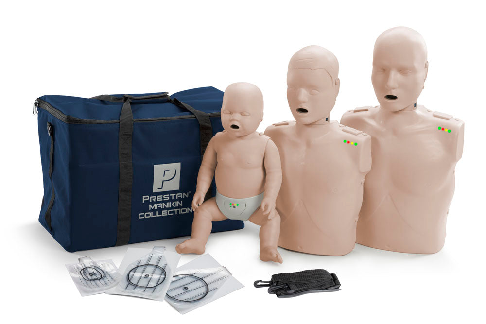 The Prestan Professional Series Training Manikin Collection by Prestan includes adult, child, and infant mannequins, accompanied by a blue carrying bag, additional accessories, and an integrated CPR rate monitor. Ideal for comprehensive CPR-AED training sessions that incorporate head tilt/chin lift techniques.