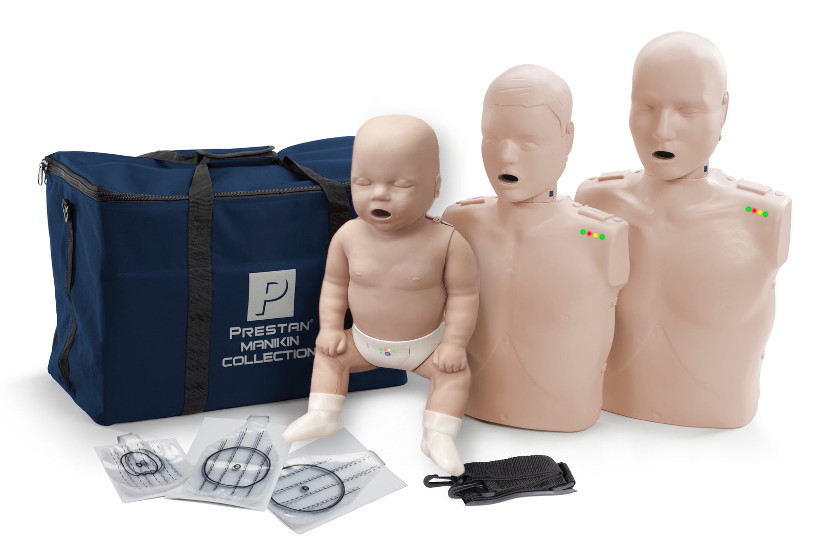 CPR training mannequins and kit with Prestan logo on a white background