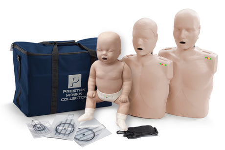 CPR training mannequins and kit with Prestan logo on a white background