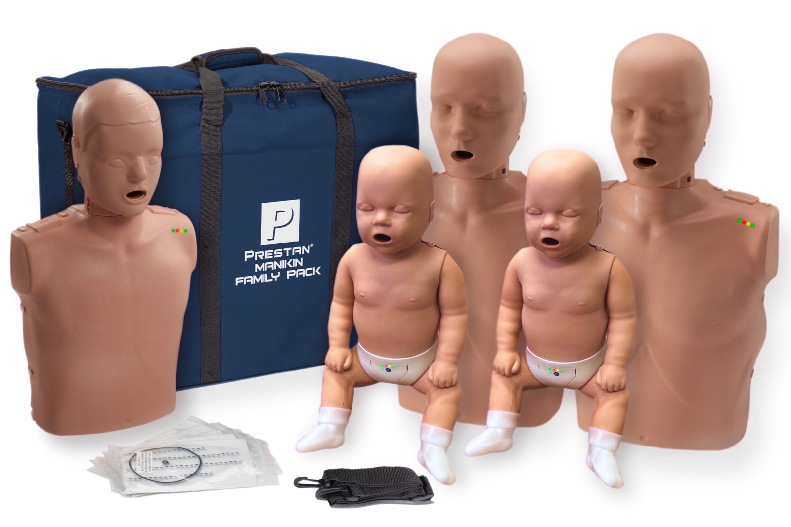 Set of CPR training mannequins including adults and children with a blue carrying case.