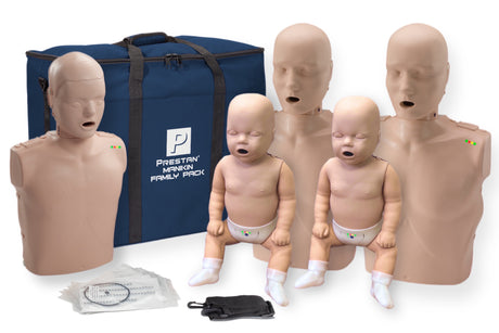 Set of CPR training mannequins and a blue carrying case on a white background