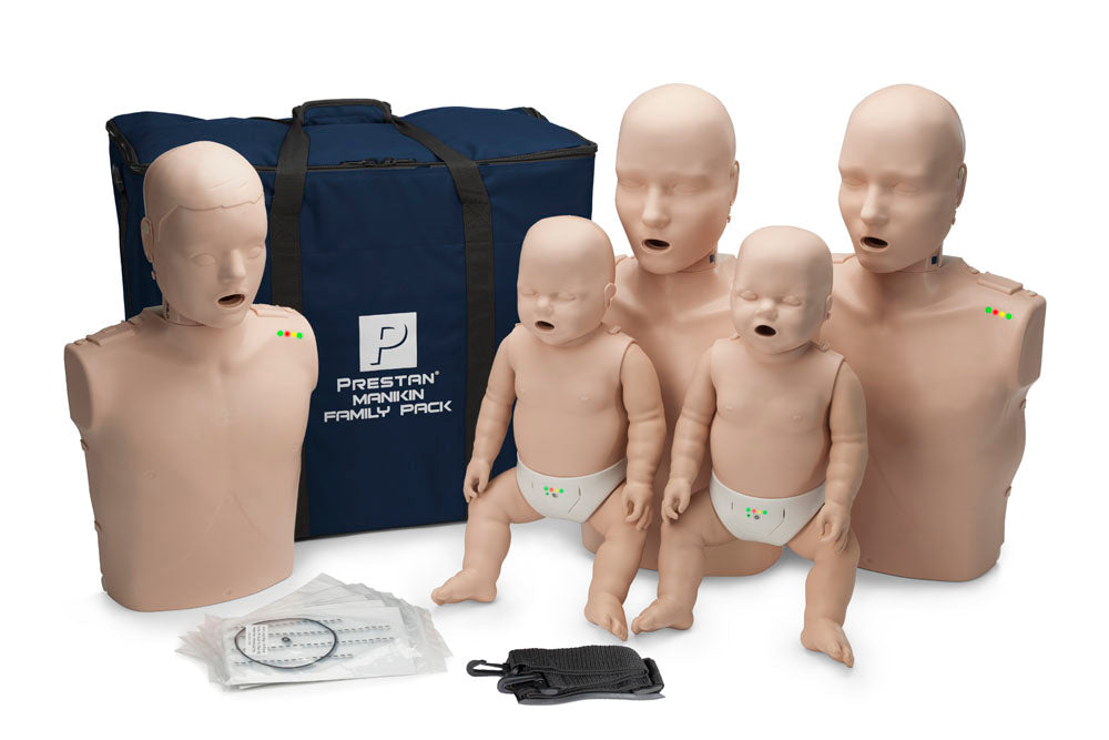 The Prestan Professional Training Manikin FAMILY Pack by Prestan, featuring manikins of various sizes and accessories such as a disposable face shield lung bag, is displayed in front of a blue carrying bag.