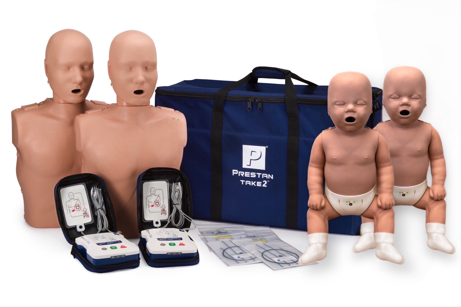 CPR mannequins, training devices, and a blue bag labeled 'Presteran' on a white background.