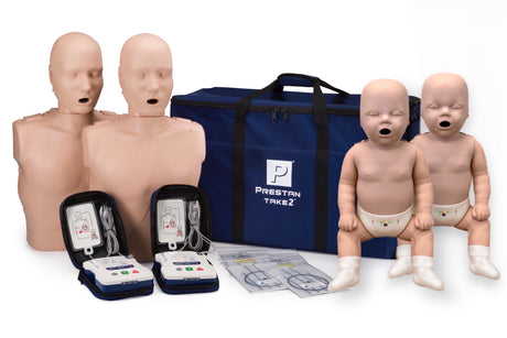 CPR mannequins, training devices, and a blue bag labeled 'Presteran Take2' on a white background.