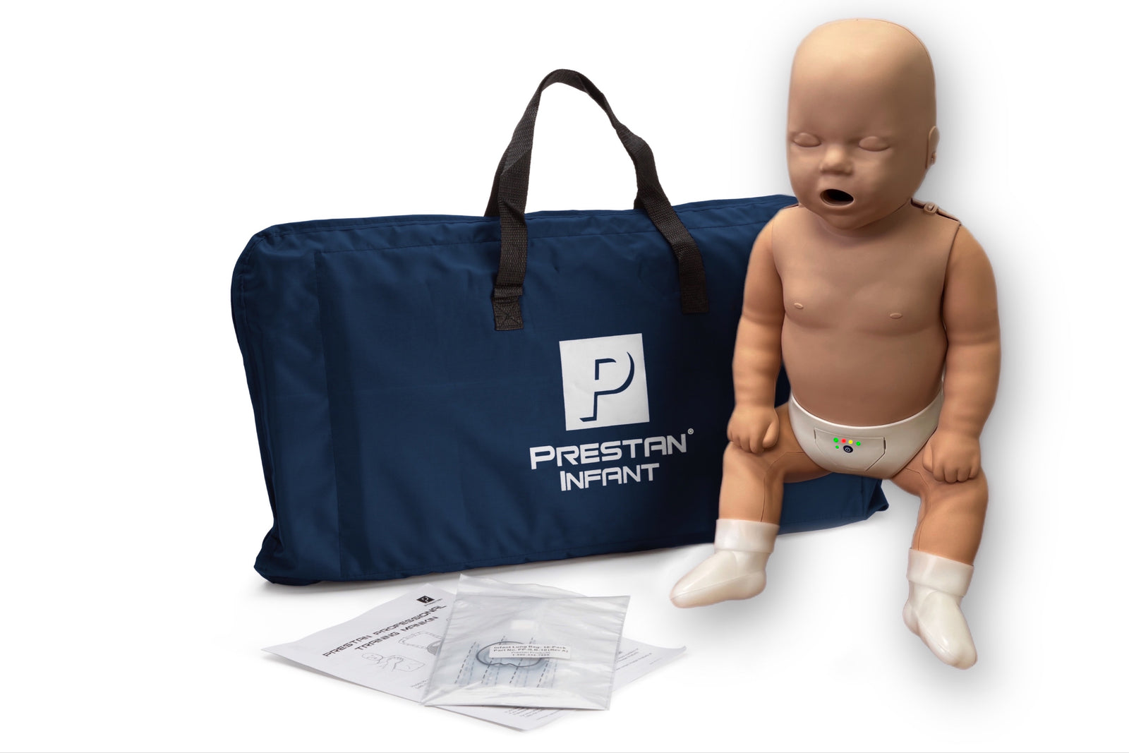 Prestan Infant CPR training mannequin with carrying bag on a white background