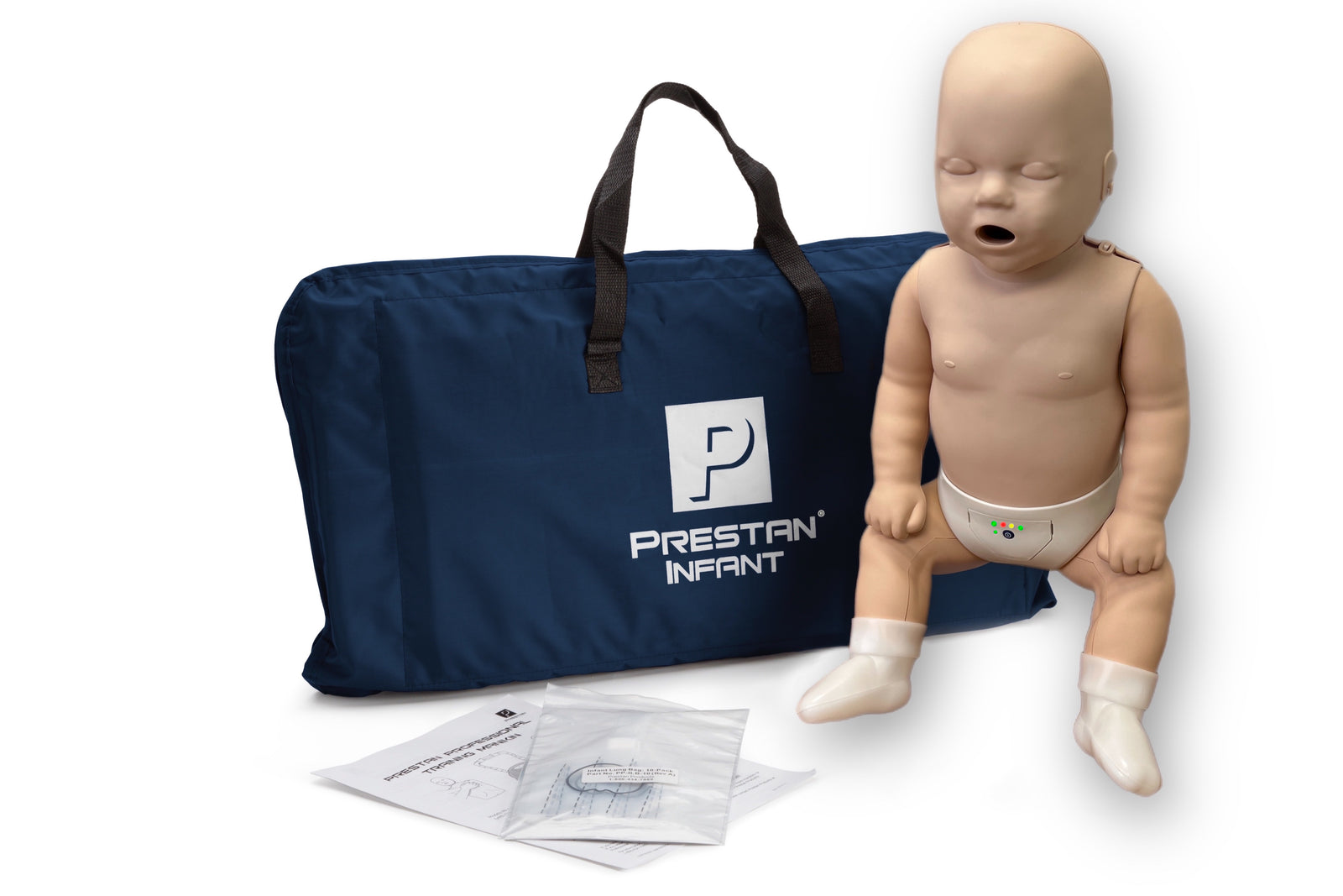 Prestan Infant CPR manikin with carrying bag on a white background