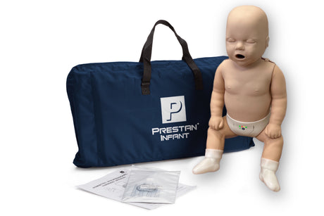 Prestan Infant CPR manikin with carrying bag on a white background