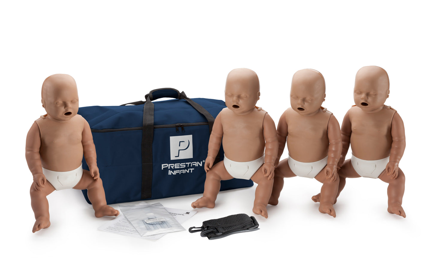 Four Prestan Professional Series INFANT Training Manikins are arranged beside a blue Prestan Infant bag and accessories, including a black strap and instruction cards. Each latex-free manikin features an audible compression clicker for effective training sessions.