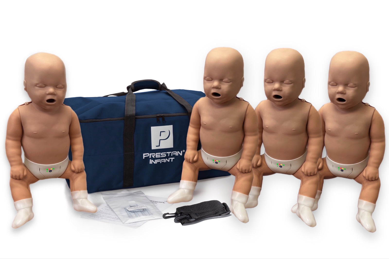 Four baby mannequins with a blue bag labeled 'Prestan' on a white background