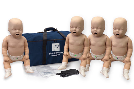 Four infant CPR training mannequins with a blue carrying bag on a white background