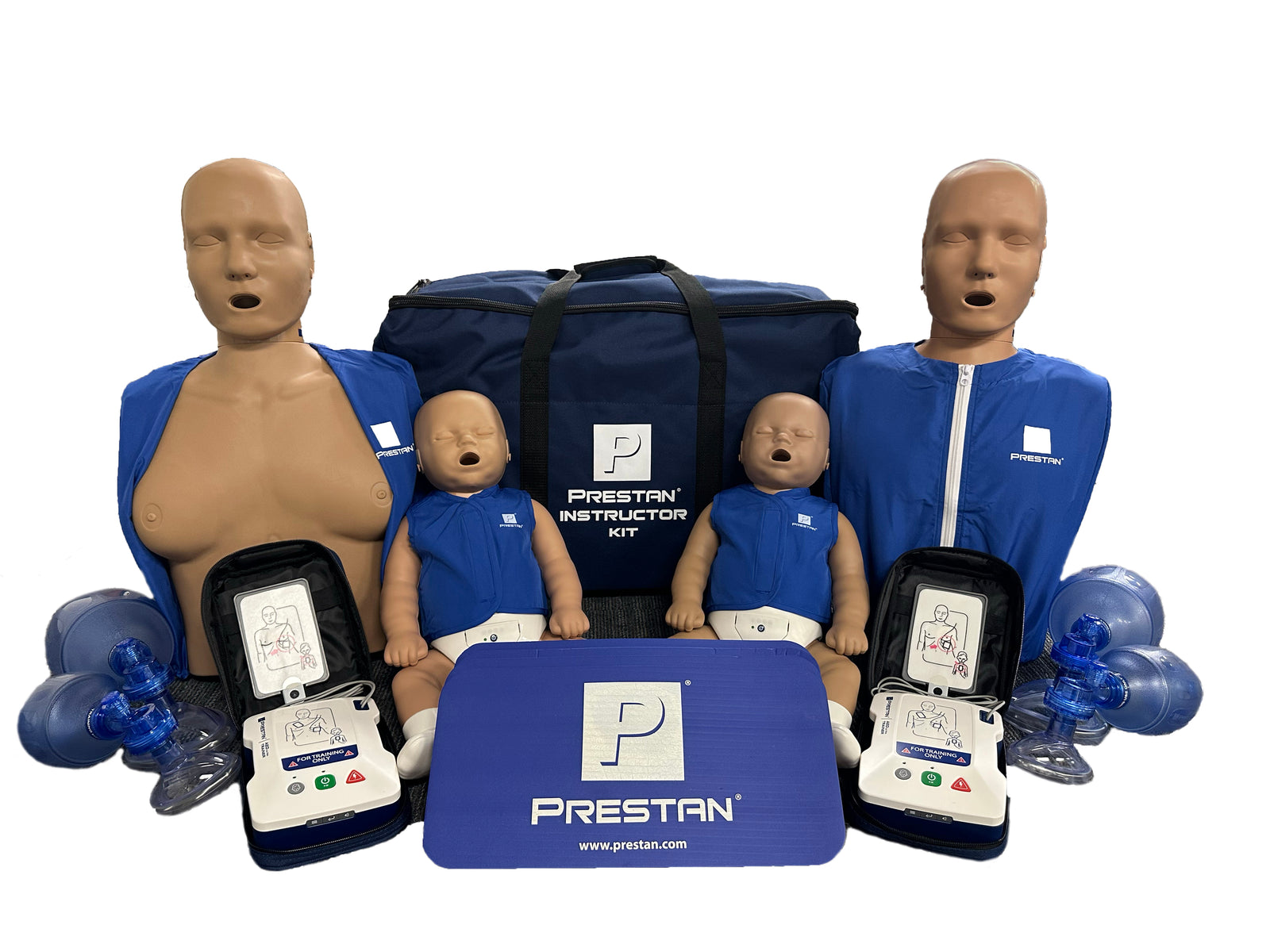 Prestan CPR manikins and training devices on a white background
