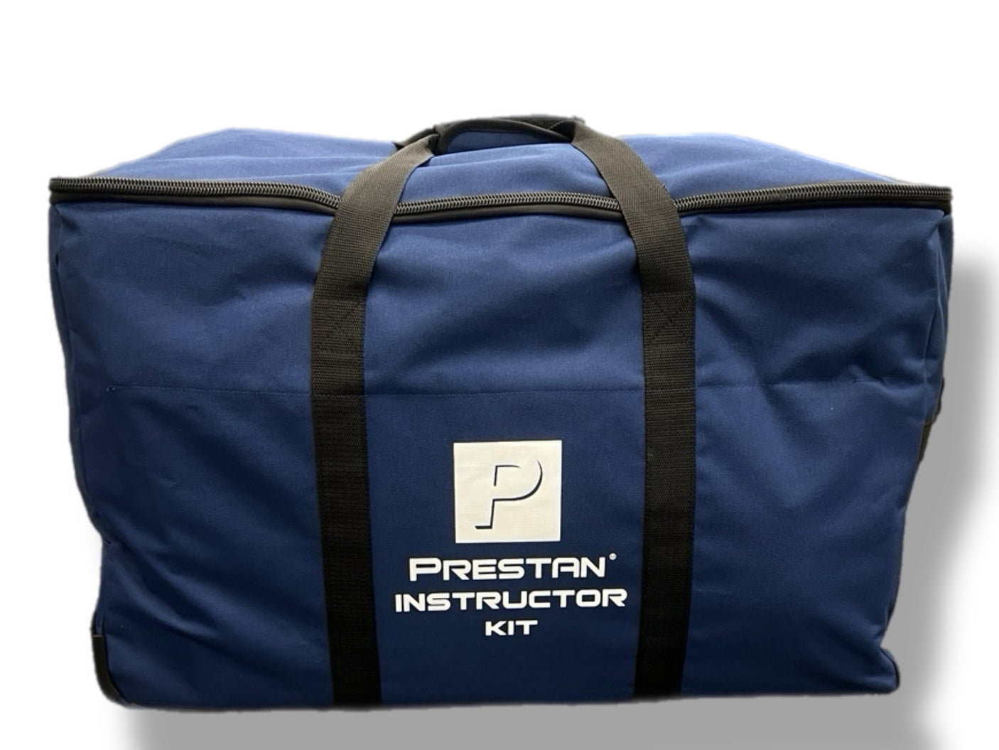 A PRESTAN Instructor Kit bag in blue, featuring black straps and a white Prestan logo on the front, perfect for holding your AED UltraTrainer and CPR training manikins, set against a white background.