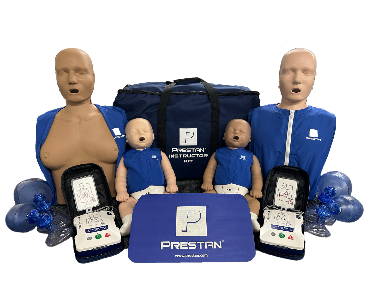 Prestan CPR manikins and training devices on a white background