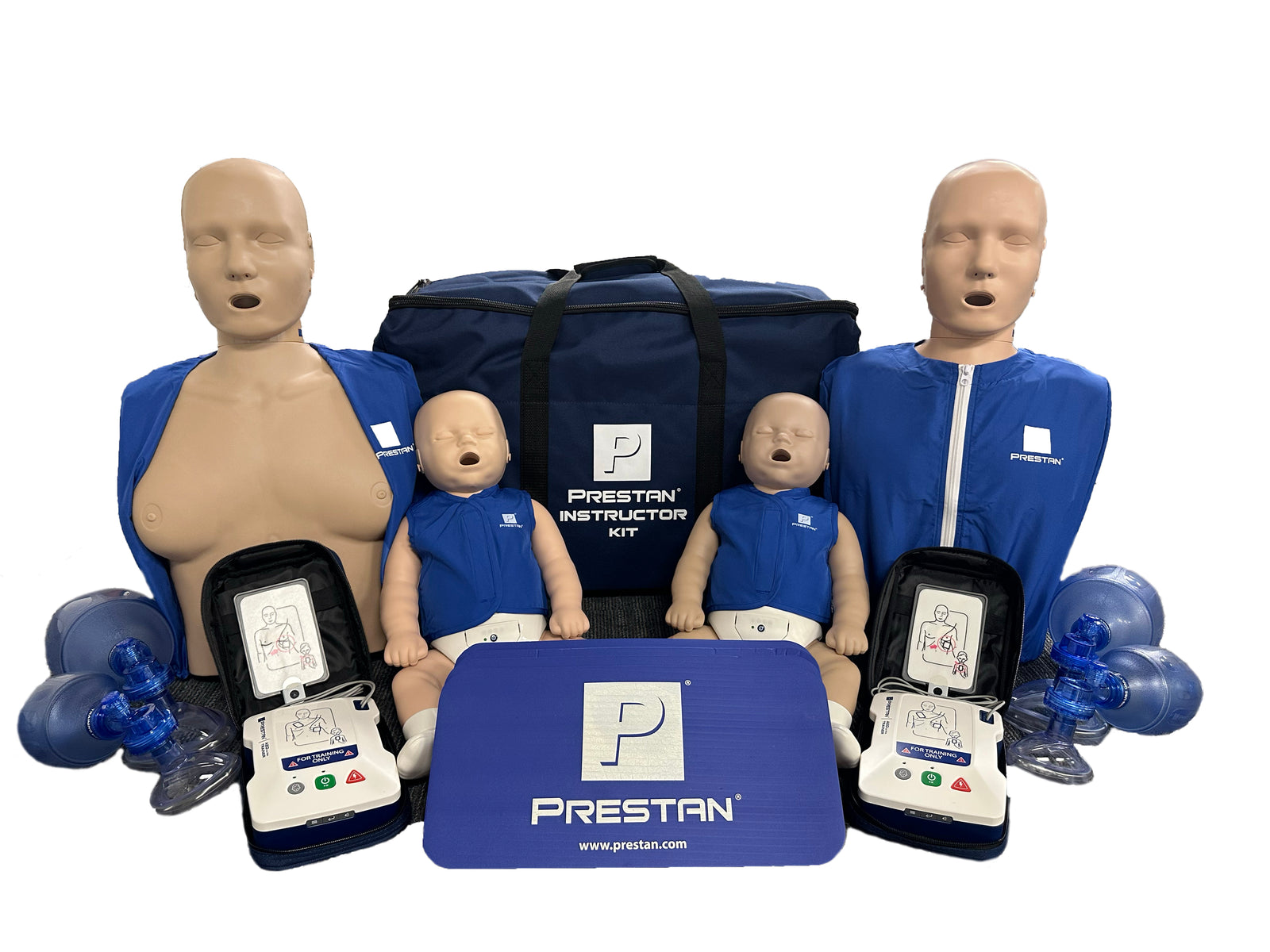 Prestan CPR manikins and training devices on a white background