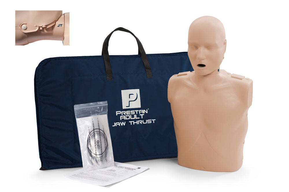 Prestan Professional Adult Training Manikin with Jaw Thrust Head includes an audible compression clicker, carrying bag, and instructional materials.