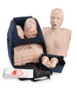 Adult CPR manikin beside an opened blue bag, which inside holds stacks of replaceable manikin heads, necks, and chest parts.