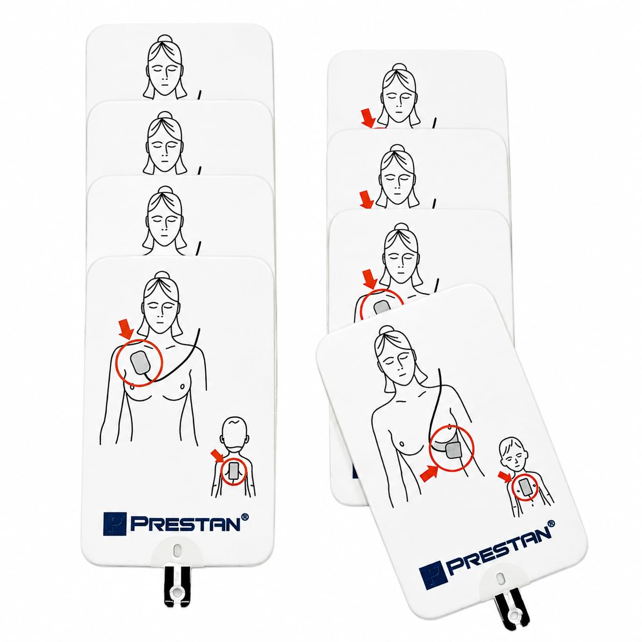 Six illustrated AED UltraTrainer Adult/Child Replacement Training Pads by Prestan show adult and child pad placement diagrams, featuring clear Prestan branding for effective CPR instruction with the Prestan AED Trainer.