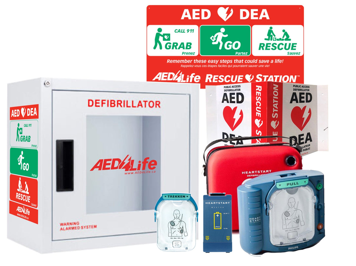 Image of a Philips HeartStart OnSite Defibrillator - Complete Package station featuring the Philips AED device, accessories, and instructional signage.