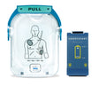 The image shows a Philips OnSite Refresh Pack on the left, containing a diagram for electrode pad placement on a human body. Adjacent to it, on the right, is a blue battery pack clearly labeled "Philips OnSite AED" with the model number "M5070A" and additional technical details below it.