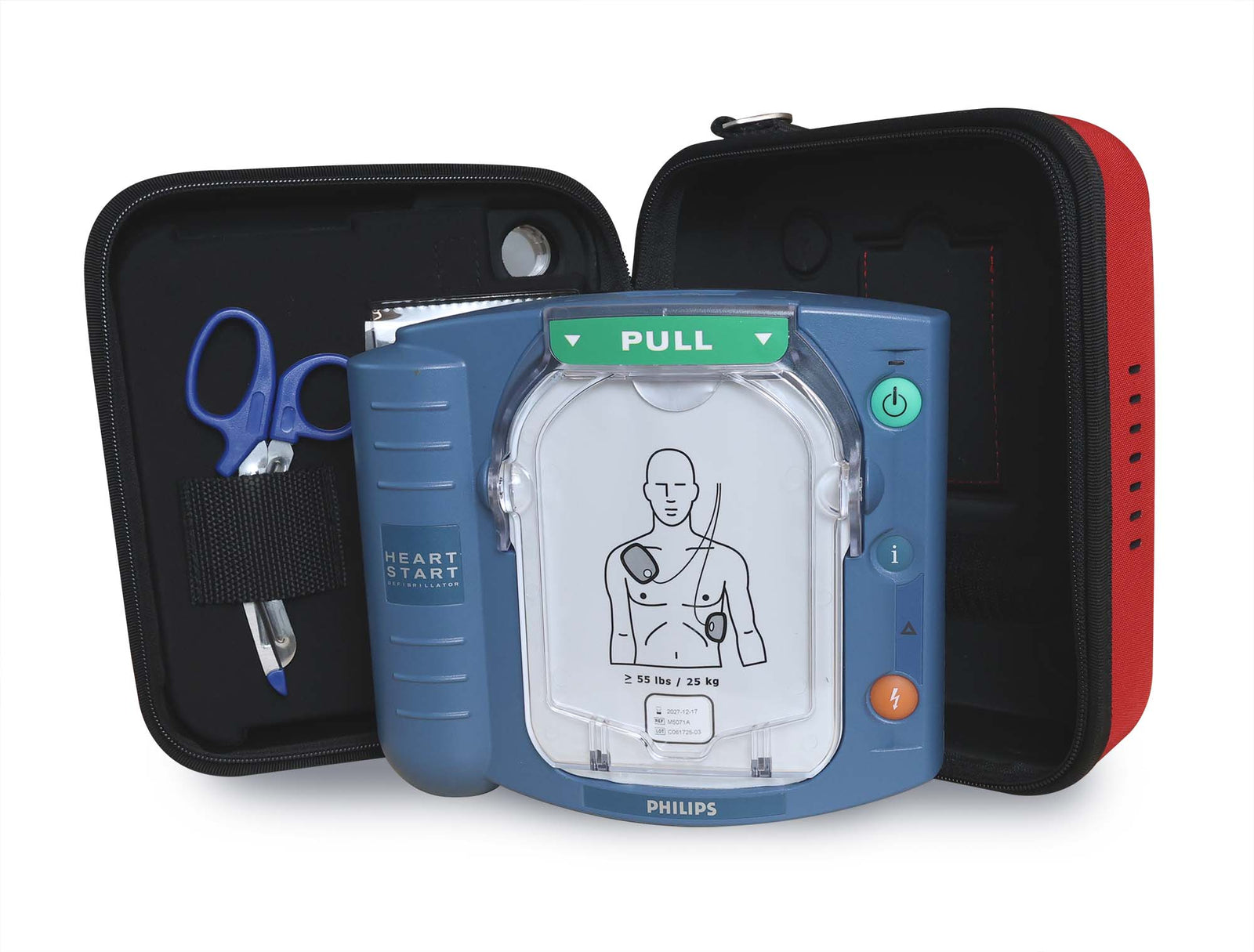 The Philips HeartStart OnSite Defibrillator by Philips includes a protective case, scissors, and an illustrated pad placement guide to enhance ease of use. This dependable home defibrillator offers peace of mind and enables rapid response during emergencies.