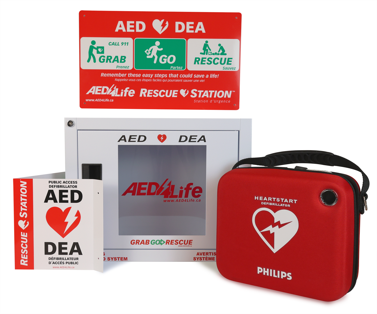 Equip public spaces for emergencies with the Philips HeartStart OnSite Defibrillator - Complete Package by Philips. This comprehensive set includes an automated external defibrillator (AED), a red carrying case, a wall cabinet, and a green AED instruction sign—everything needed for effective and accessible emergency response.