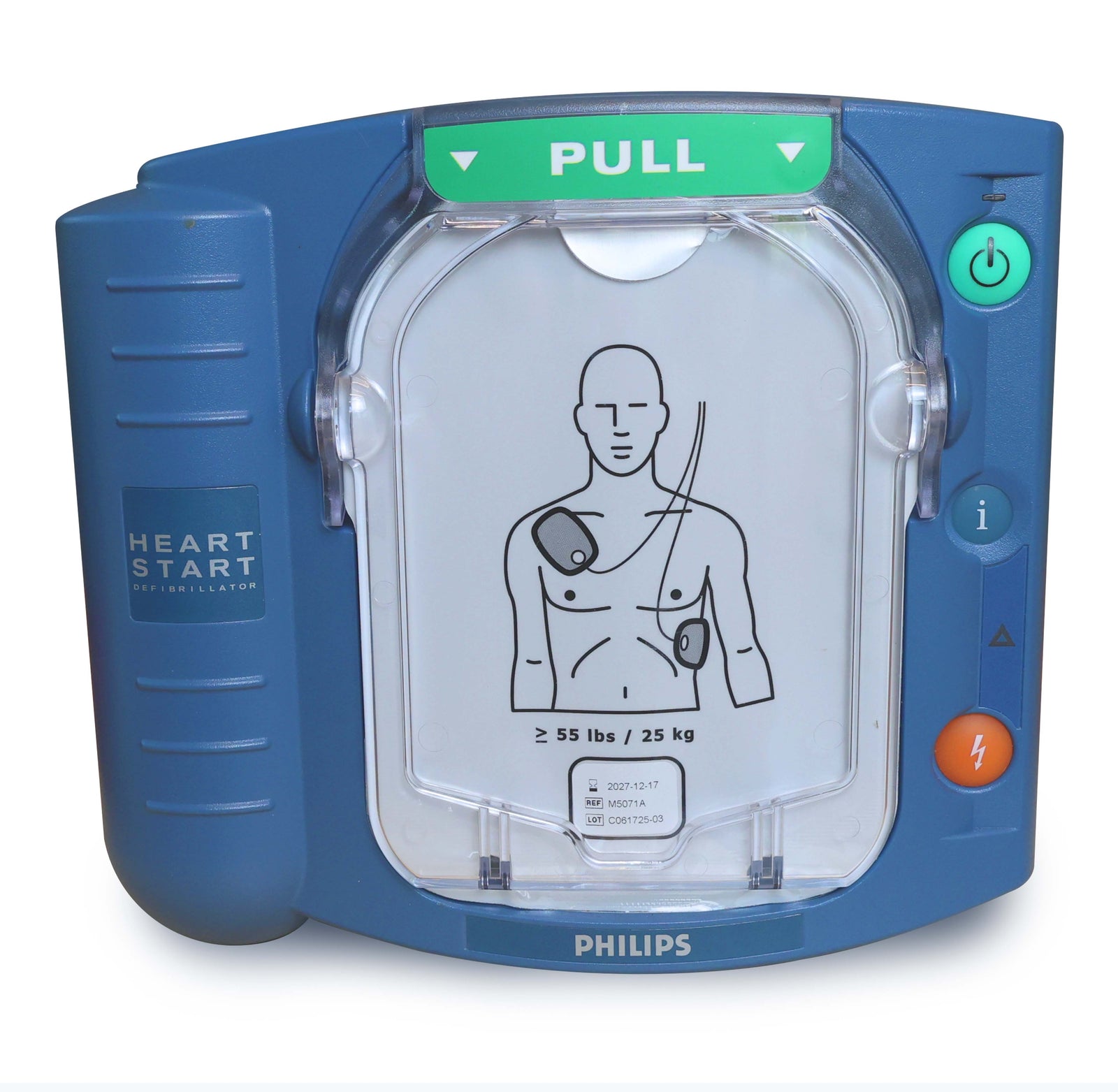 Philips HeartStart OnSite Defibrillator by Philips—an easy-to-use, automated external defibrillator featuring a blue design, pad placement diagram, and a green PULL handle for quick emergency response.