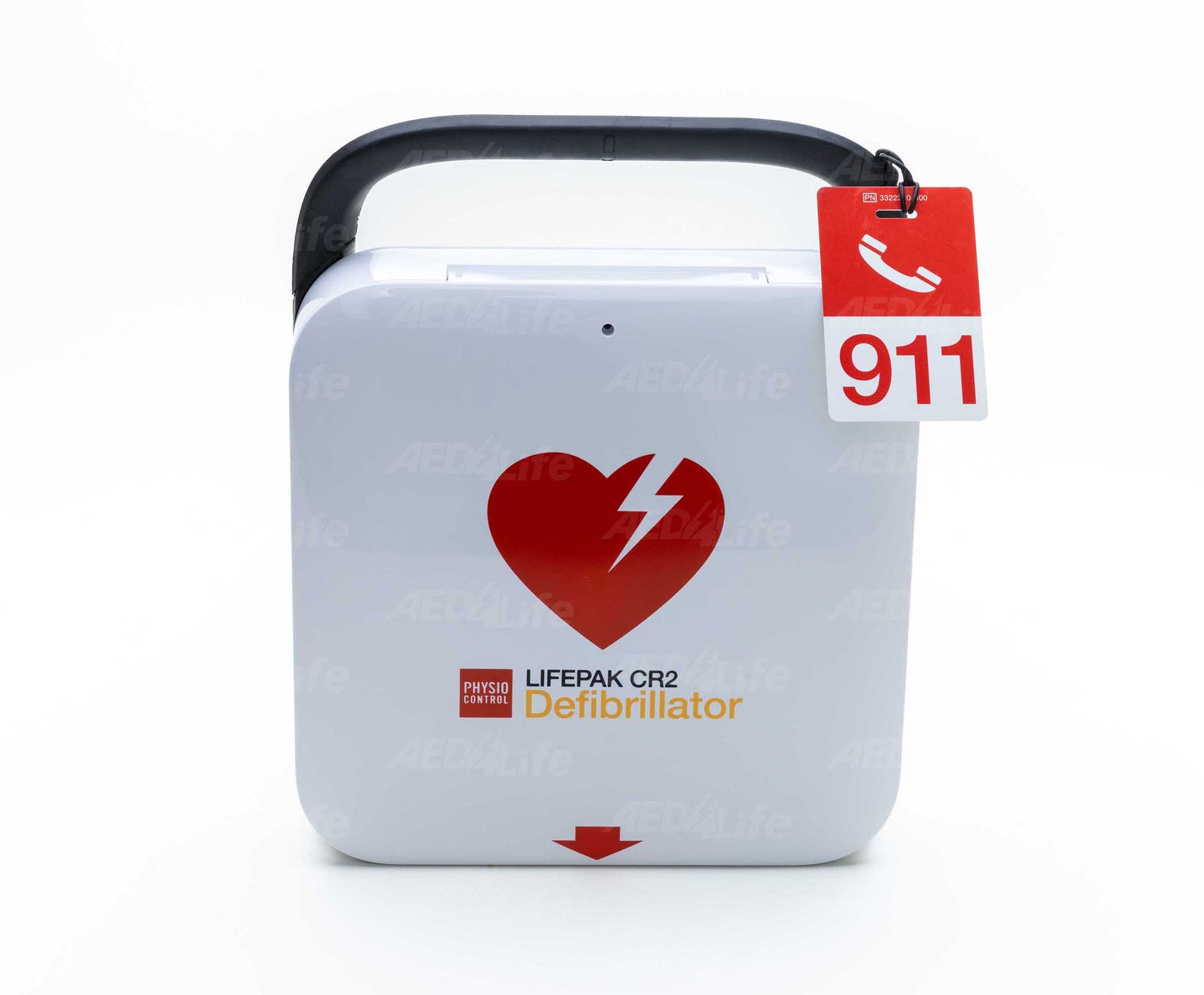 Close up of a Physio-control Lifepak CR2 AED with a 911 tag
