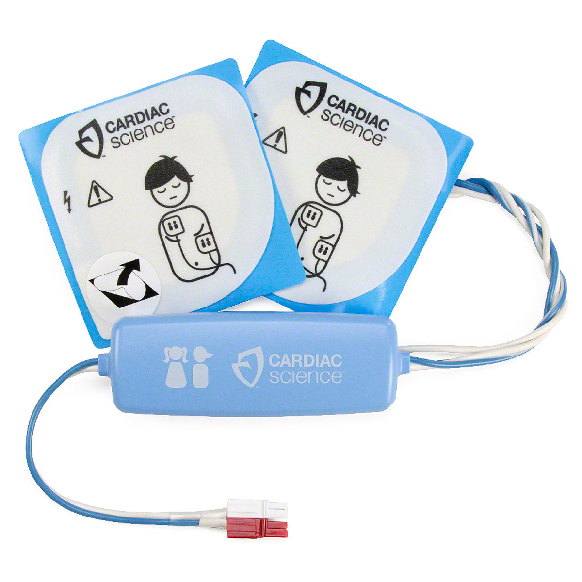 Two Cardiac Science G3 AED Pediatric Defibrillation Pads with child illustrations and instructions, connected by a blue cable, designed for use with the Powerheart G3 series AEDs.