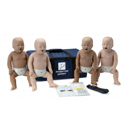 The Prestan Professional Series INFANT Training Manikin 4-Pack by Prestan features four manikins, each equipped with an audible compression clicker. Presented on a white background, the set includes a blue carrying case and instructional materials. For added safety, the manikins are latex-free.