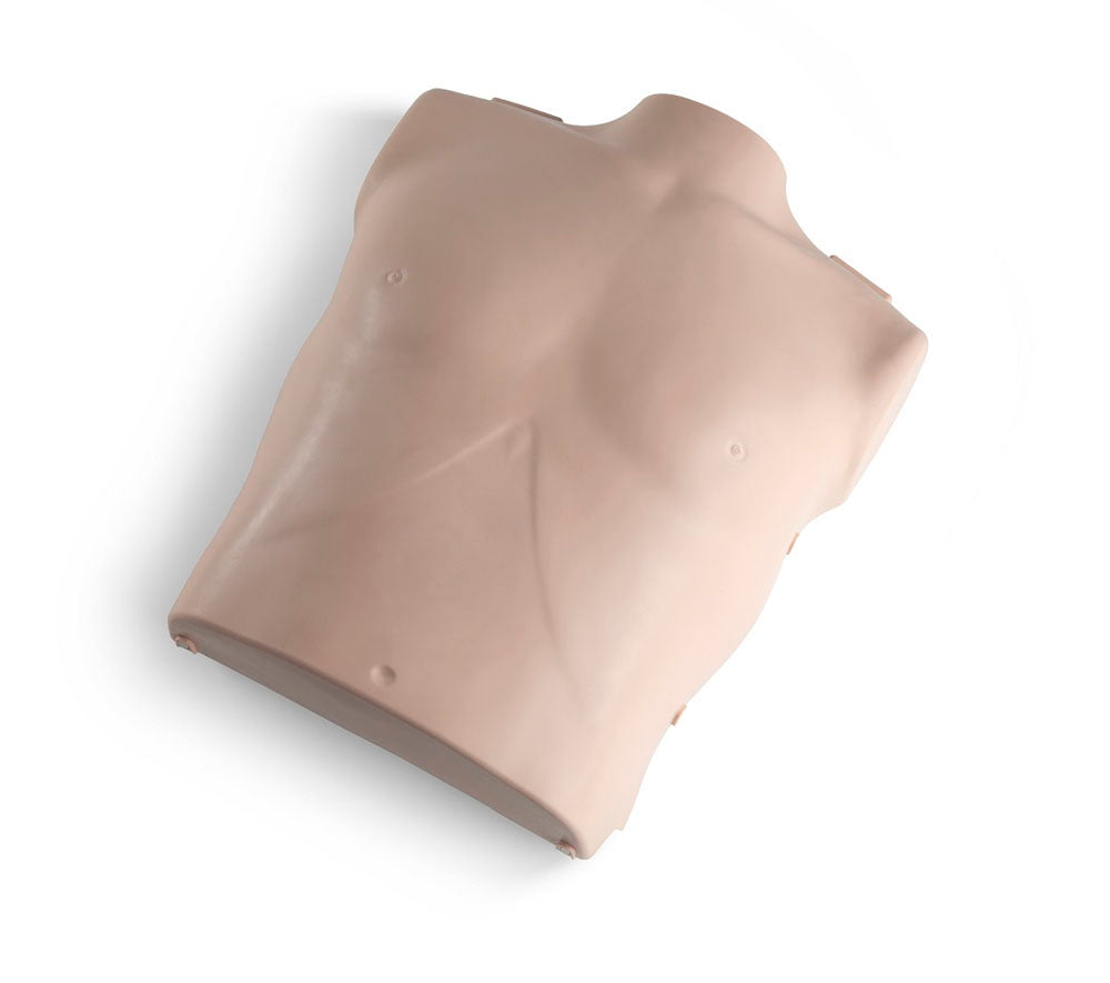 A beige torso assembly for a Prestan child manikin, featuring a built-in monitor, presented on a white background.