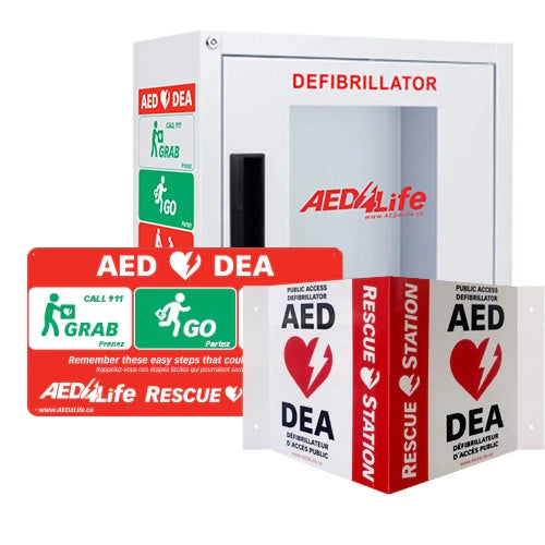 The RescueStation AED Cabinet and Sign Package, a wall-mounted surface mount unit, includes a Philips AED and instructional Rescue Station wall signs in red, green, and white colors.