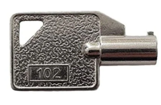 A rectangular metal key with a textured surface and "102" engraved on it, designed specifically for the MMP Red Alarm Kit, by AED Shop.