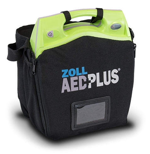 Lime green AED in an unzipped black bag that reads "ZOLL AED PLUS" on the front.