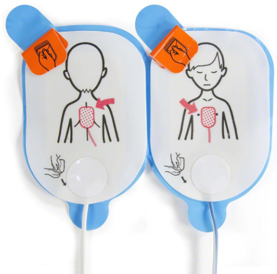 Illustration on medical pads showing placement on adult and child chests with arrows indicating where to peel and stick, featuring the Defibtech Pediatric Electrode Set for the Lifeline AED, ensuring accurate positioning.