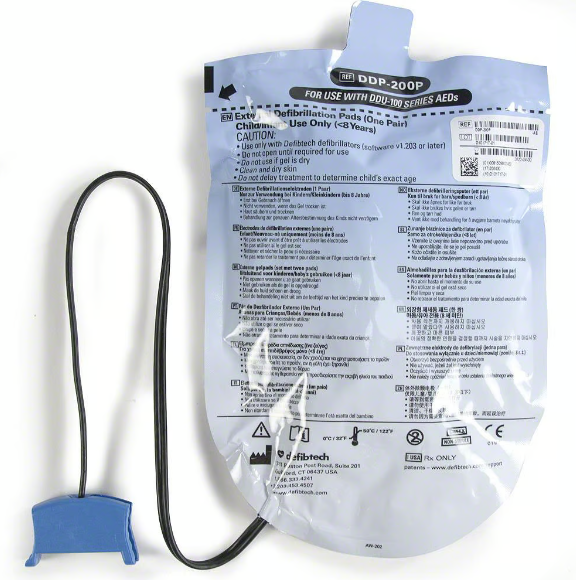 Defibtech Pediatric Electrode Set for Lifeline AED includes a child defibrillation pad package with instructions, a blue connector, and a black cable for use in medical emergencies.