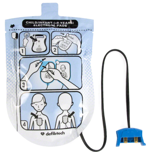 The Pediatric Electrode Set - Defibtech Lifeline AED features illustrated packaging with clear instructions and a tethered blue connector, specifically designed for use with the Defibtech Lifeline AED.