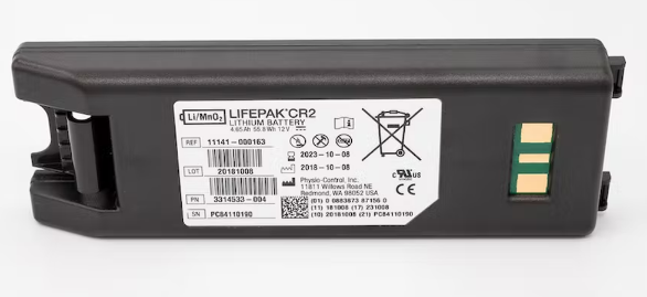 A black Physio-Control/STRYKER Lifepak CR2 AED replacement battery, featuring labels with detailed specifications and certification marks, offers a dependable 4-year operational lifespan.