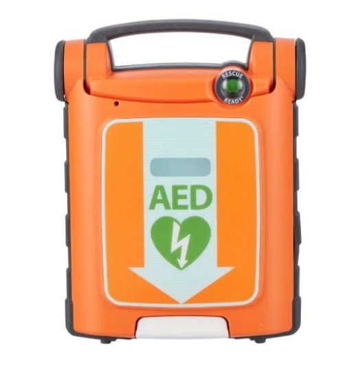 Orange and grey AED with a logo of a green heart and a white lightning bolt on its center.