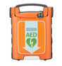 Orange and grey AED with a logo of a green heart and a white lightning bolt on its center.