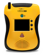 Defibtech lifeline View AED. Yellow AED that has a black screen, four buttons, and an audio speaker.