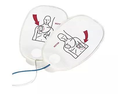 Philips M3713A HeartStart Multifunction Adult/Child Electrode Pads (case of 10), with diagrams for correct chest placement.