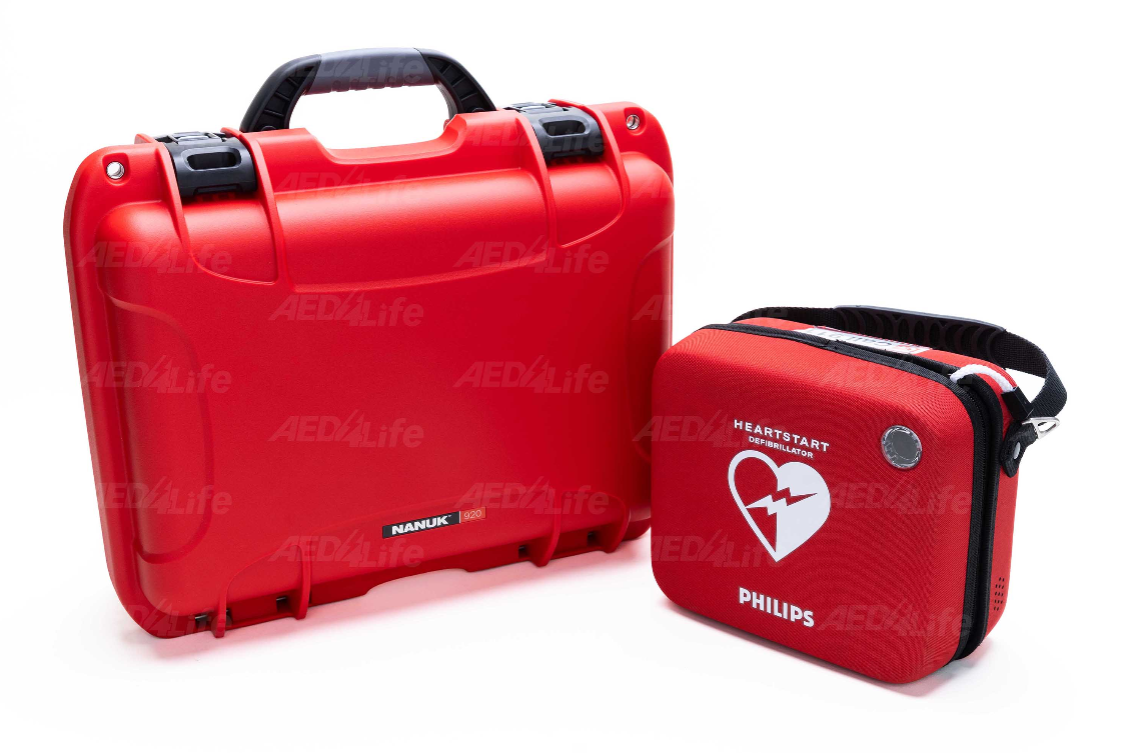 Red carrying case for Philips HeartStart defibrillator on a white background