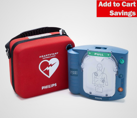 Philips HeartStart defibrillator with red carrying case on a white background