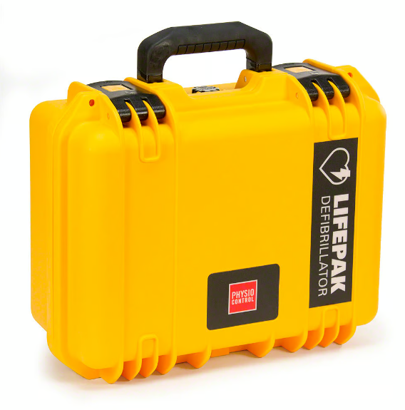 Yellow case with 'Physio Control' and 'Lifepak' branding on a white background