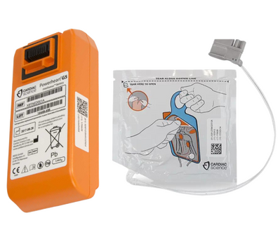 A defibrillator battery pack and pouch on a white background