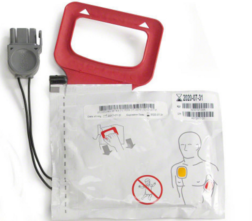 Cardiac monitor device with red handle and attached cable on a white background