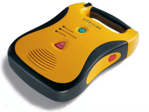 Yellow and black defibrillator with 'Lifeline' branding on a white background